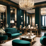 A lavish boutique with grand chandeliers, mirrored walls, and plush velvet furniture in deep emerald and gold. Shelves display silk gowns and couture handbags, exuding exclusivity.