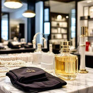 Satin gloves, pearl necklaces, and gold-rimmed perfumes elegantly arranged on marble counters with soft ambient lighting.