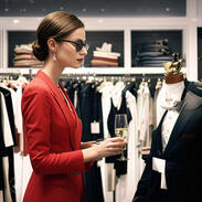 A stylist dressed in a tailored suit assisting a client holding a flute of champagne, reflecting one-on-one, bespoke customer service.