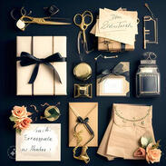 Fashionable flat-lays of boutique products styled with elegant handwritten notes, gold scissors, and floral elements, conveying personalization.