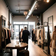 Guests enjoying wine and finger foods in a cozy setup with ambient lighting, jazz music, and racks of prêt-à-couture fashion pieces.