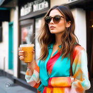 An influencer posing in a statement outfit near the boutique, holding an iced latte, showcasing an “effortless chic” lifestyle.